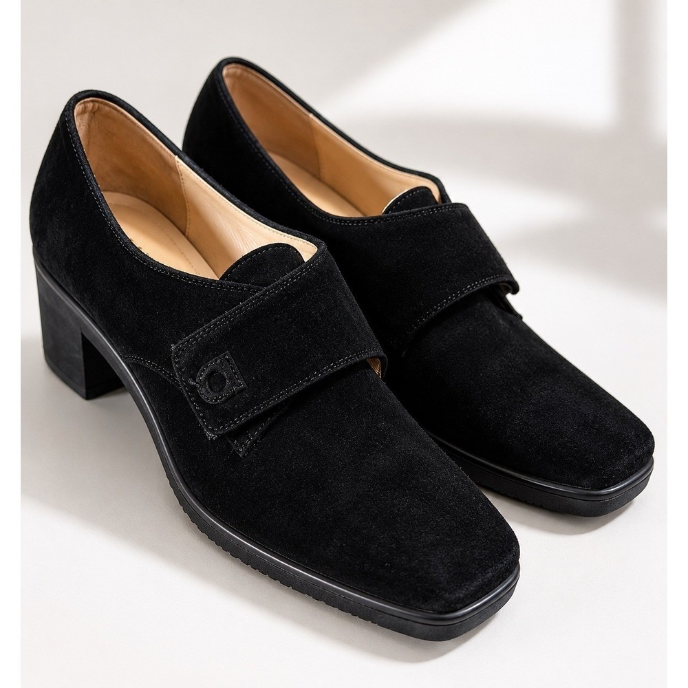 Salvatore Ferragamo Black Suede Square Toe Block Heel Pumps 8.5 B DY 18045 E40